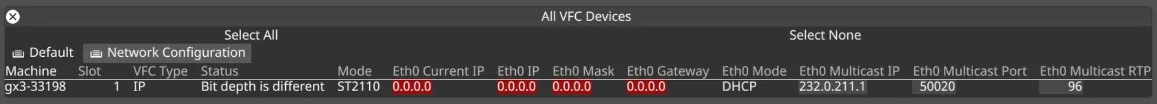 The Network Configuration tab open on a machine with an IP-VFC card