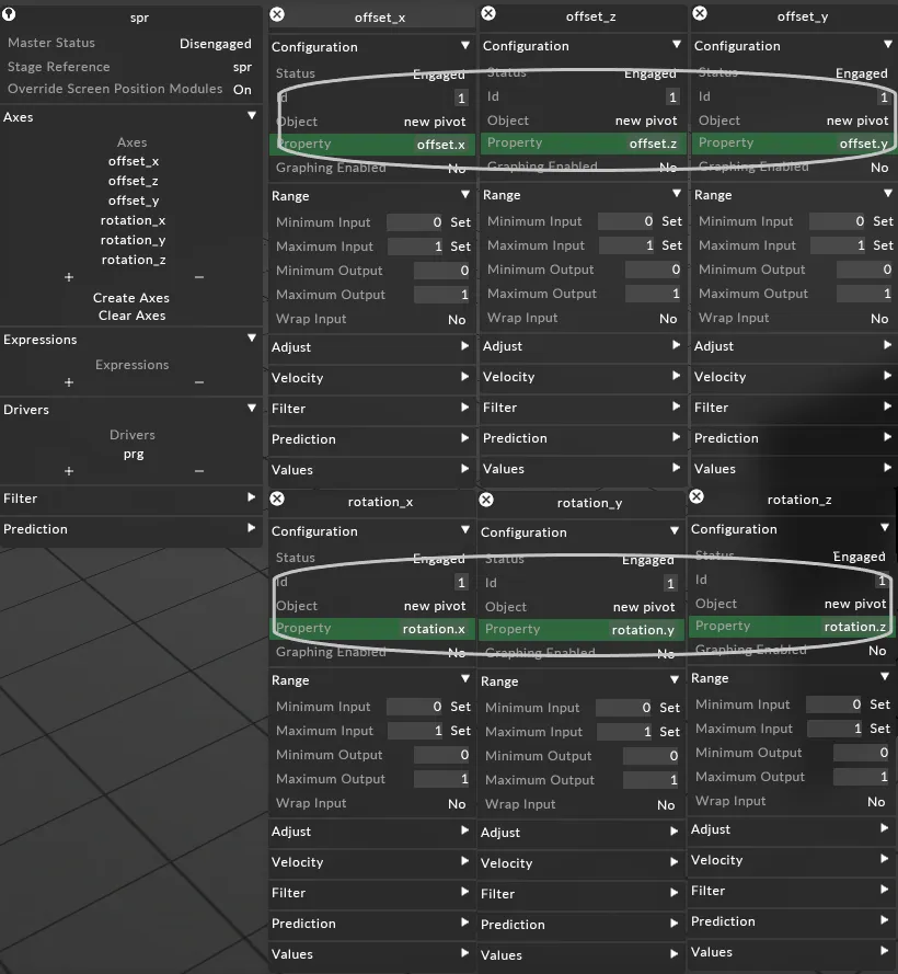 Set up automation axes for all moving screens