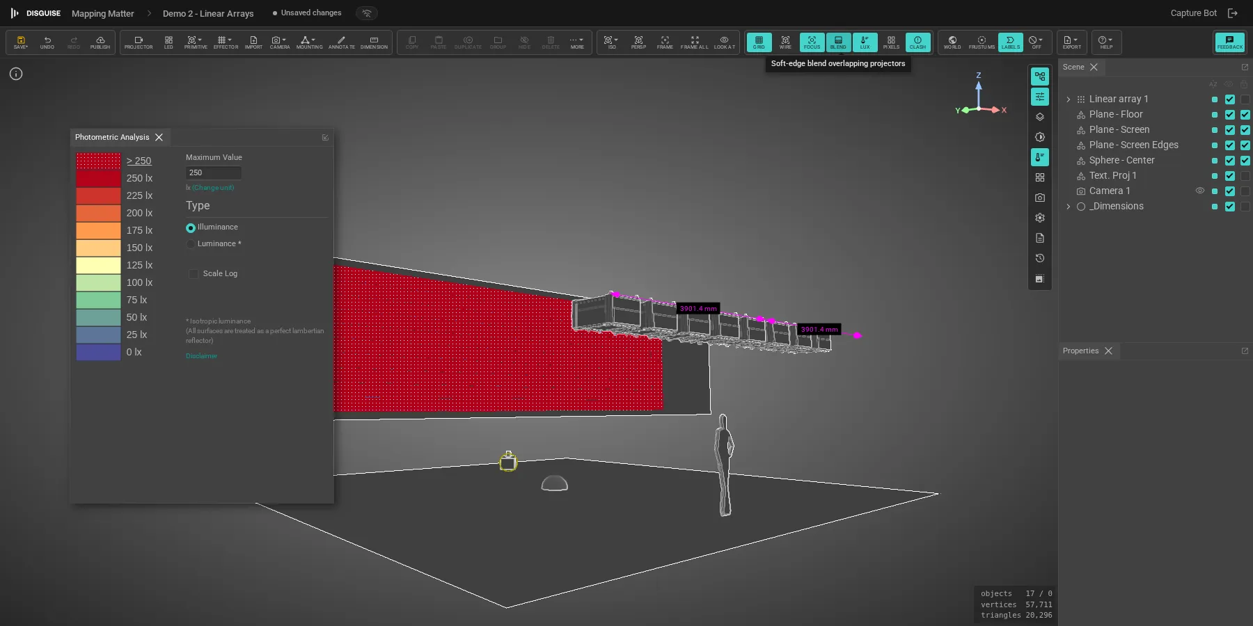 Blend toggle active with the photometric overlay on an overlapping linear projector array
