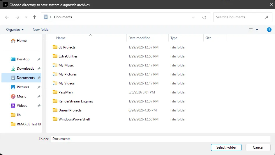 Selecting the download folder for the remote System Diagnostic