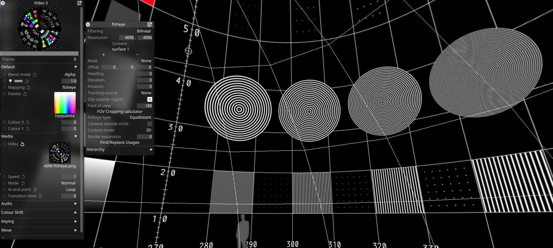 Fisheye mapping test pattern and UI