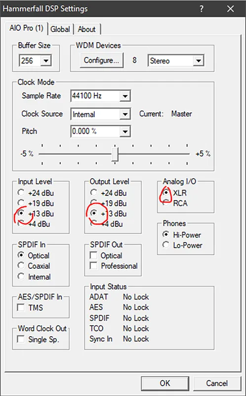 Hammerfall DSP Settings for an AIO Pro, with Input Level and Output Level at +13 dBu and Analog I/O set to XLR