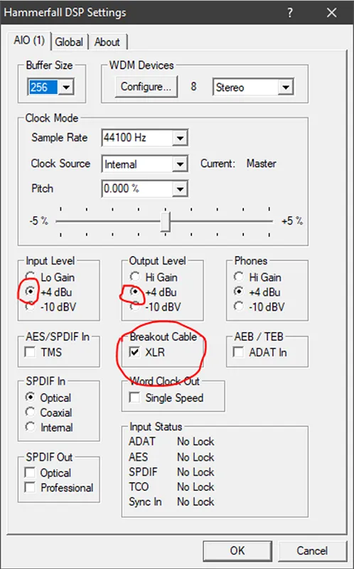 Hammerfall DSP Settings for an AIO, with Input Level and Output Level at +4 dBu and Breakout Cable set to XLR