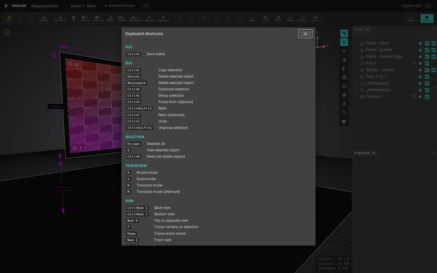 Keyboard shortcuts dialog