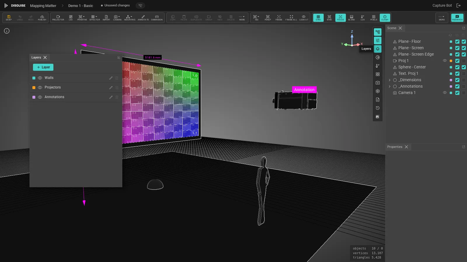 Layers panel with three layers and the Scene panel showing layer chips per row