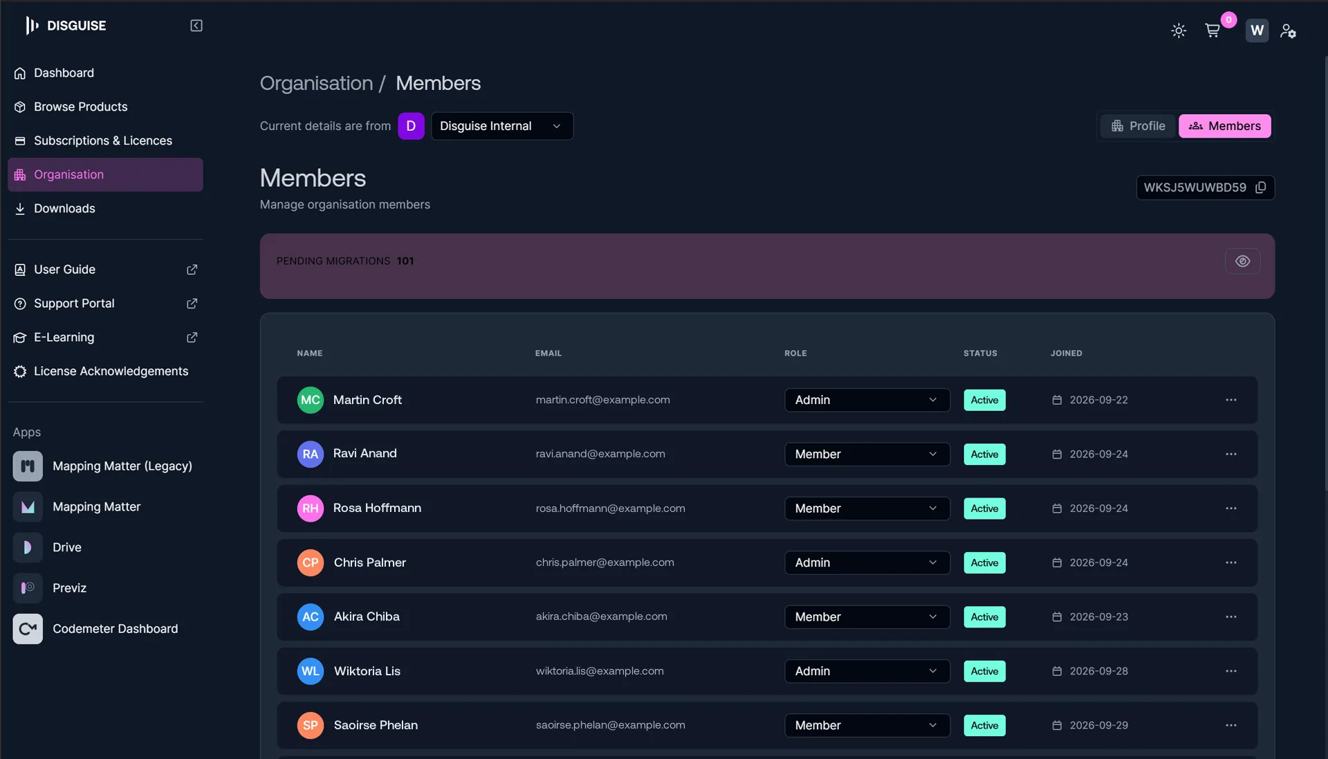 The Members tab in MyDisguise, listing each member with their role, status and join date