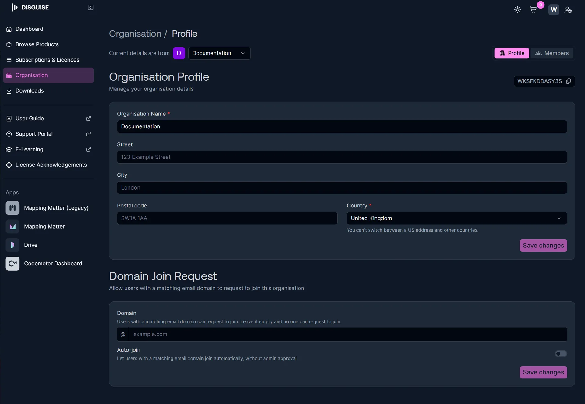 The Organisation Profile page, showing the address fields, the Organisation ID and the Domain Join Request settings