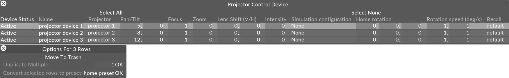 Projector control presets