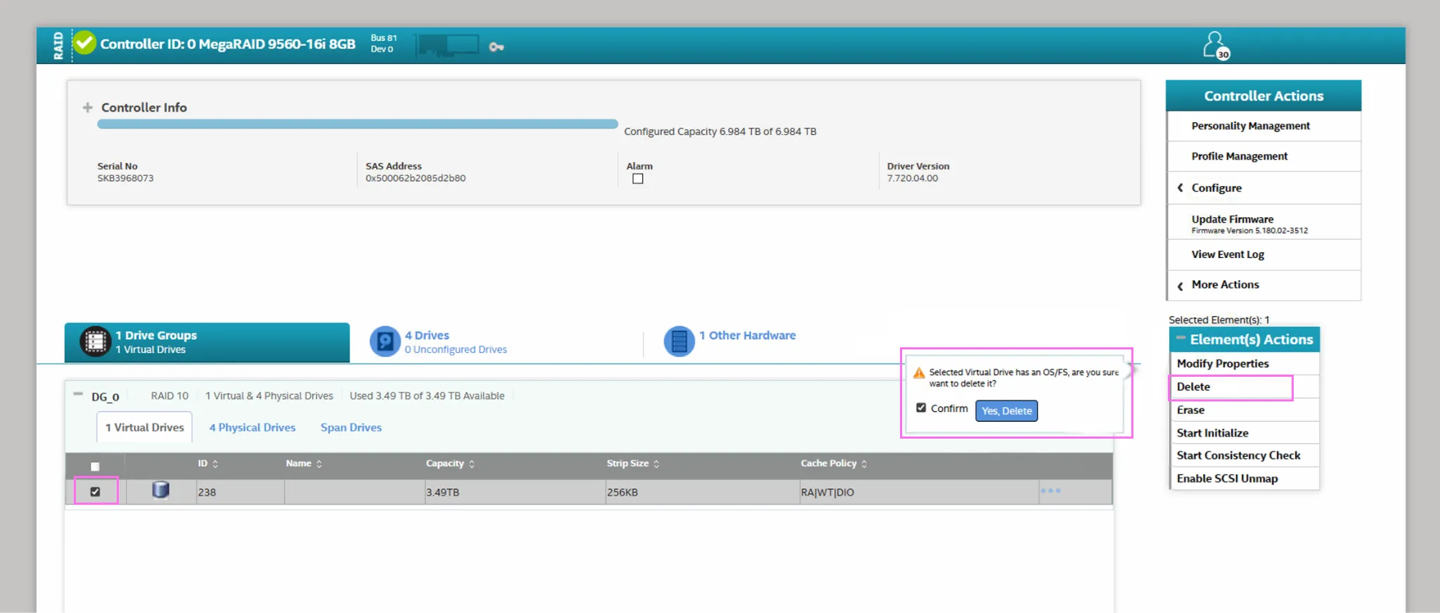 Select and confirm the virtual drive to delete