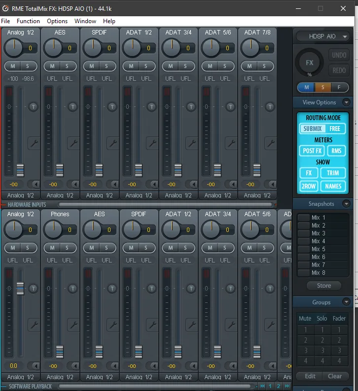 RME TotalMix FX mixer window