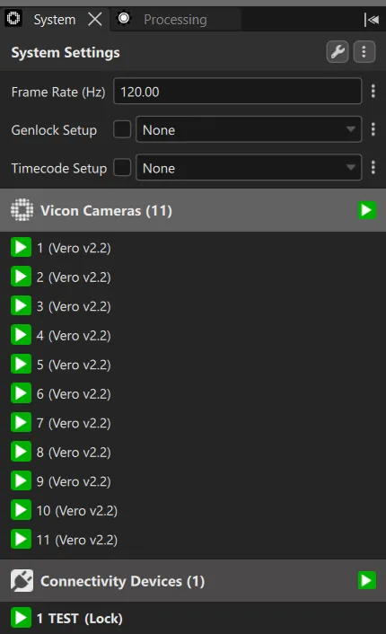 Vicon System Settings