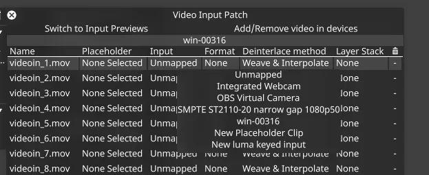 The video input patch editor with a ST 2110 source mapped