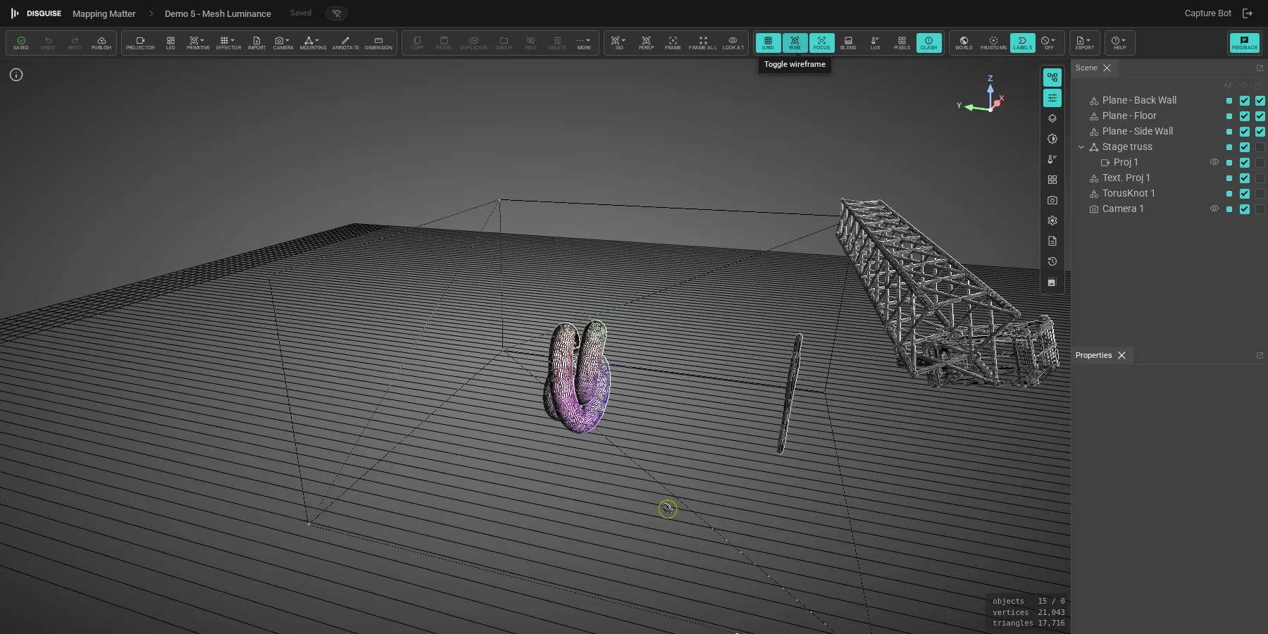 Wireframe overlay on Demo 5 with the Wire toolbar button active